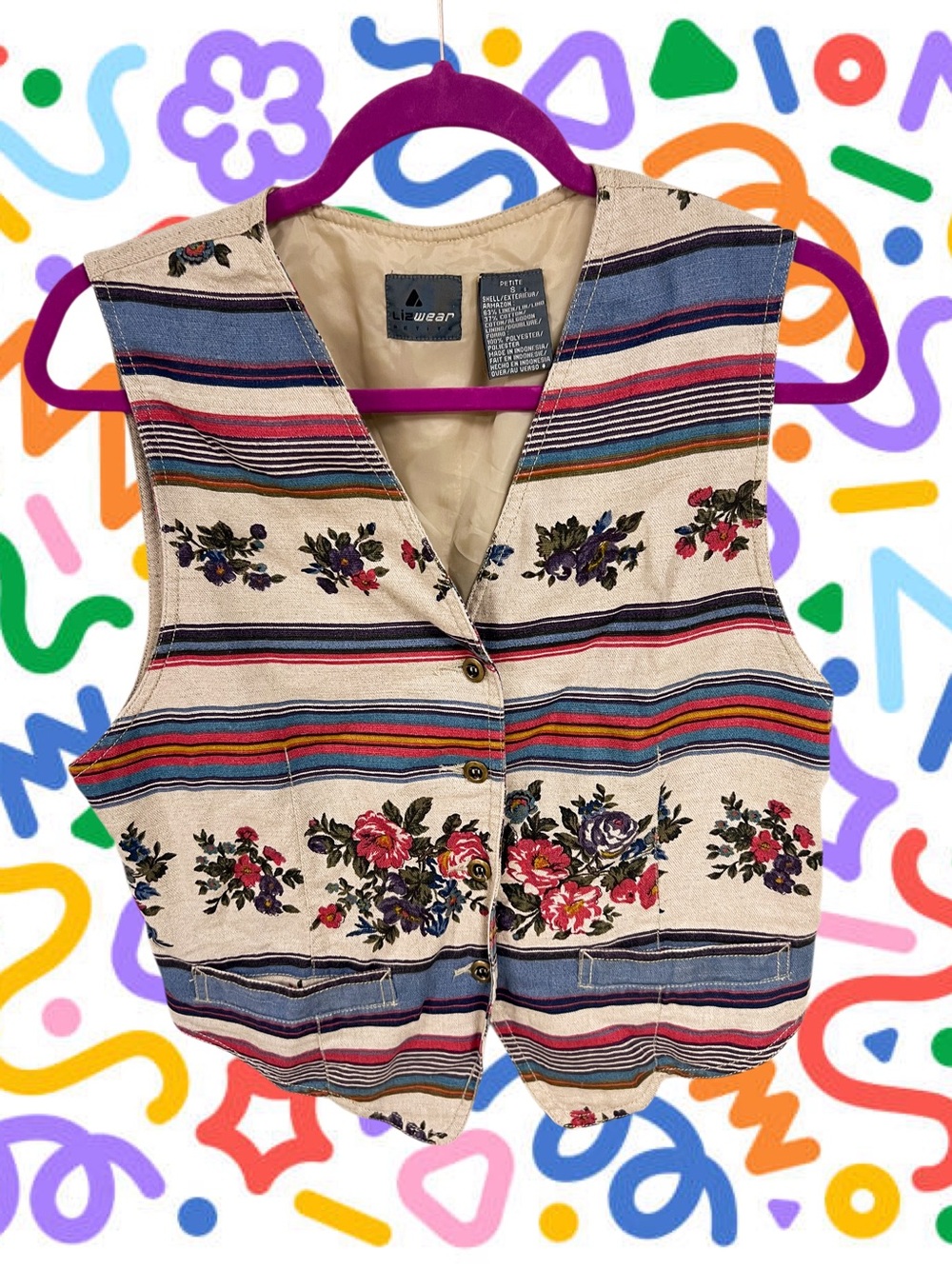 Vtg Liz Wear floral striped vest